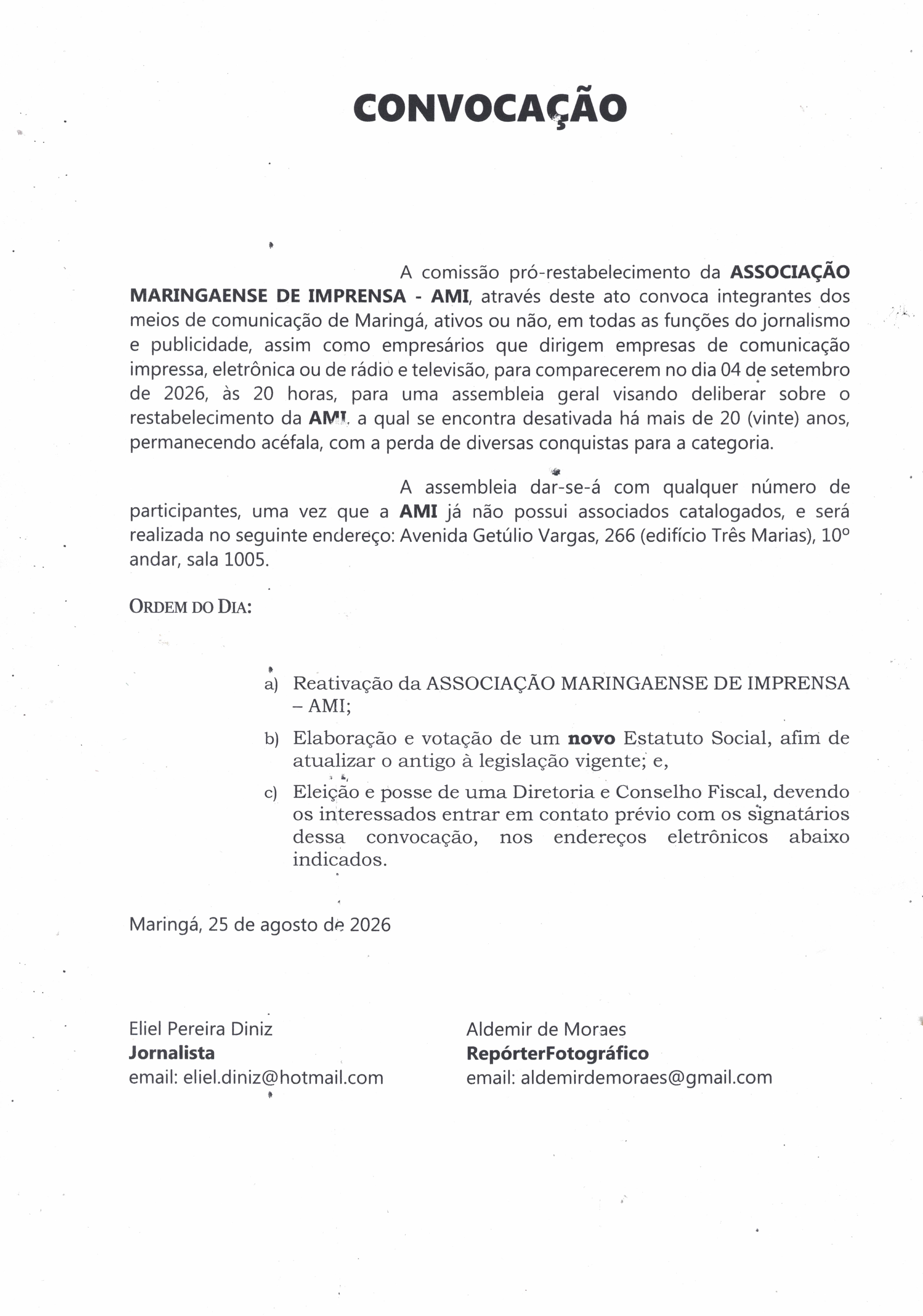 Comissão pró-restabelecimento da AMI CONVOCA